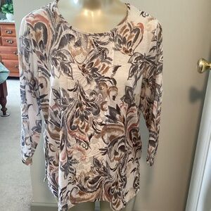 Alfred Dunner Floral Paisley Long-Sleeve Top in Cream, Taupe and Brown